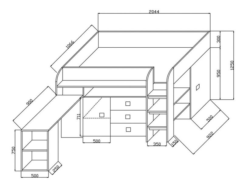 Dětská kombinovaná postel 90 cm Kesa 1 (beton + dub wotan)