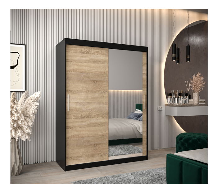 Šatní skříň 150 cm Toki 2 (Černá matná + Dub sonoma)