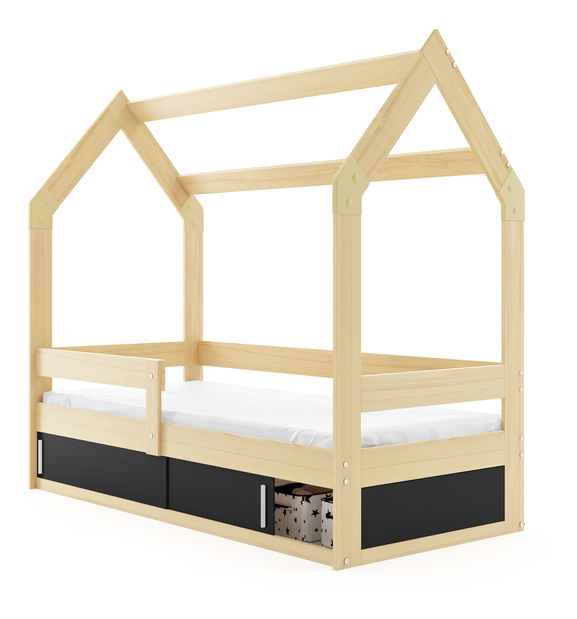 Dětská postel 80 cm Dormo (borovice + černá) (s roštem, matrací a úl. prostorem)
