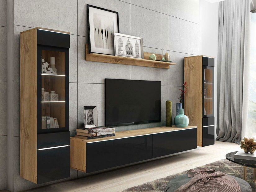 Nábytek do obývacího pokoje Selwyn II (wotan + černý lesk) (osvětlení led bílé)