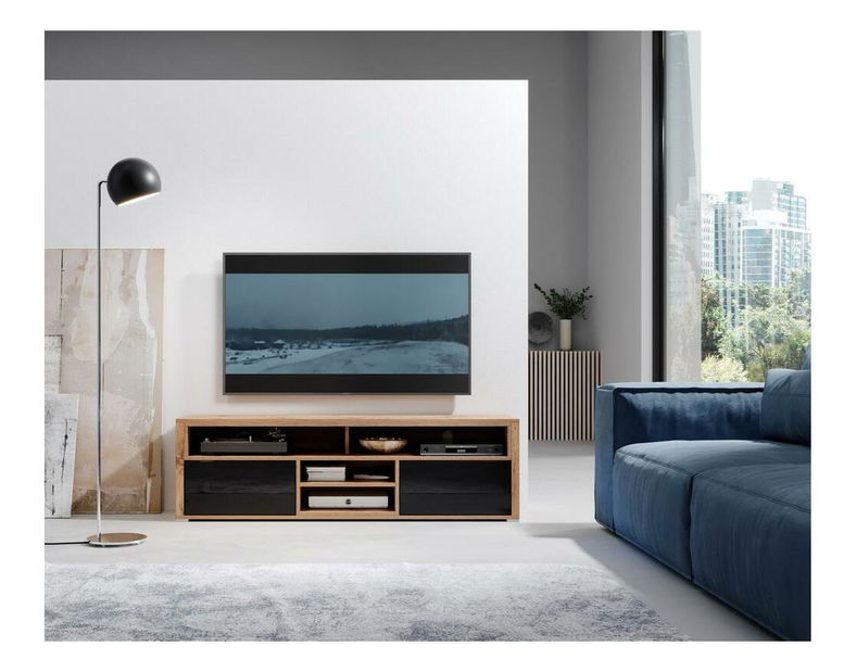 TV skříňka/stolek Lokky (s osvětlením) (dub wotan + černá)