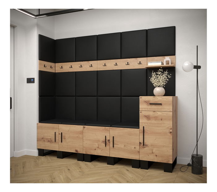 Předsíňová sestava Amanda 9 (dub artisan + černá ekokůže)