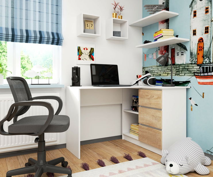 Rohový PC stolek Bodhi (bílá + dub sonoma) (P)