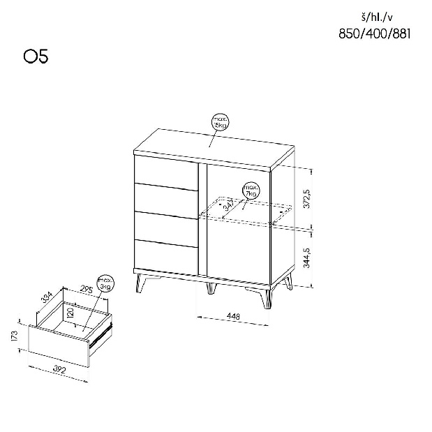 Komoda typ O5 Onley (lesklá bílá + dub riva)