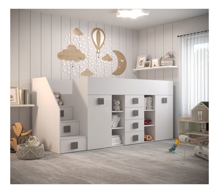 Dětská kombinovaná postel 90 cm Toreno 3 (bílá + bílý lesk + šedá lesklá madla) (L)