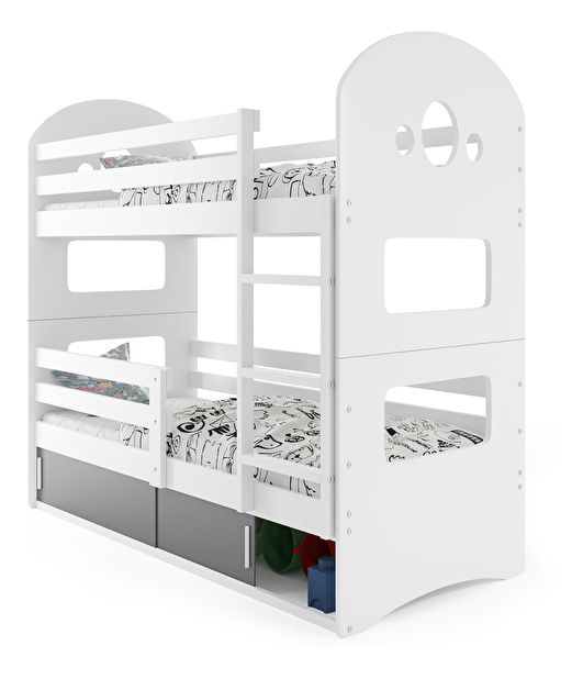 Patrová postel 80 x 190 cm Domur (bílá + grafit) (s rošty, matracemi a úl. prostorem)
