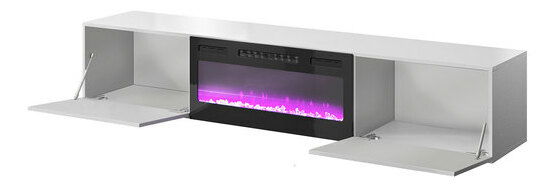 Závěsná TV skříňka s krbem Kdy 200 (černá + lesk černý + lesk bílý)