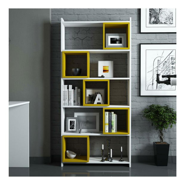 PC stolek s regálem Blanchet (bílá + žlutá)