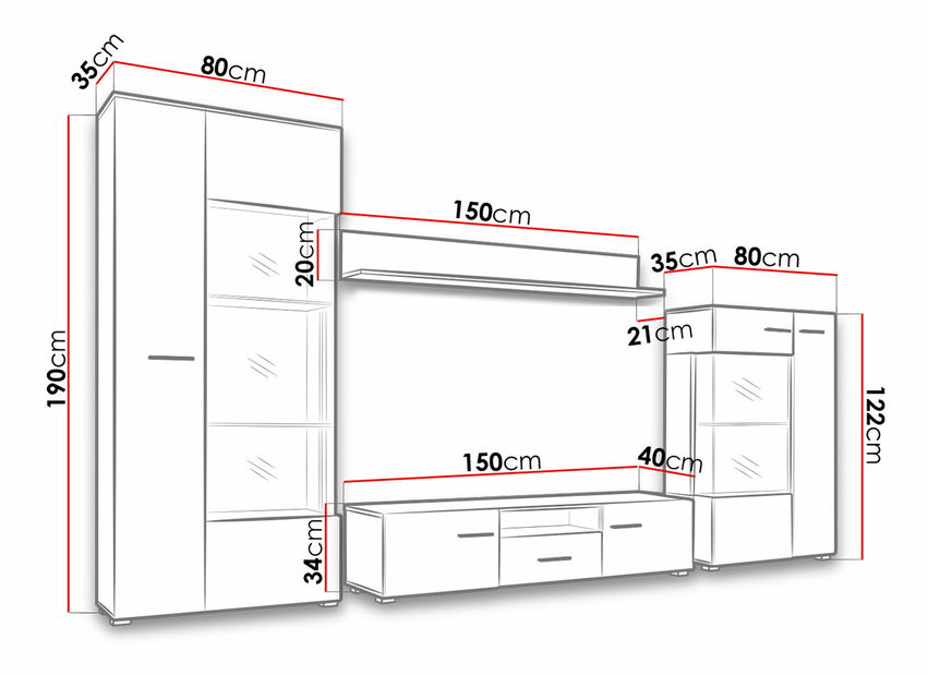 Obývací stěna Mirjan Garrett (bílá + lesk bílý + černá borovice)