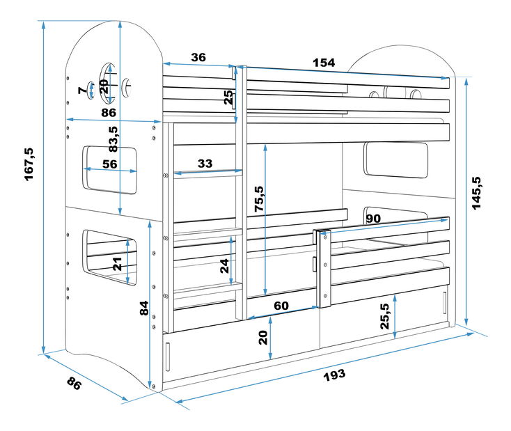 Patrová postel 80 x 190 cm Domur (borovice + modrá) (s rošty, matracemi a úl. prostorem)