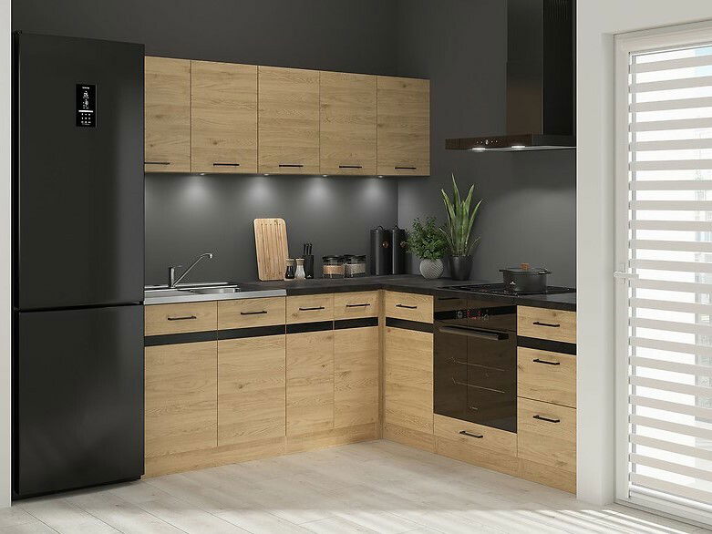 Rohová kuchyně BRW Junona Line 200 + 200 cm (dub bernstein + černá)