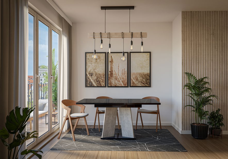 Jídelní stůl Mulnu (lesk černý + kámen) (pro 4 až 6 osob)