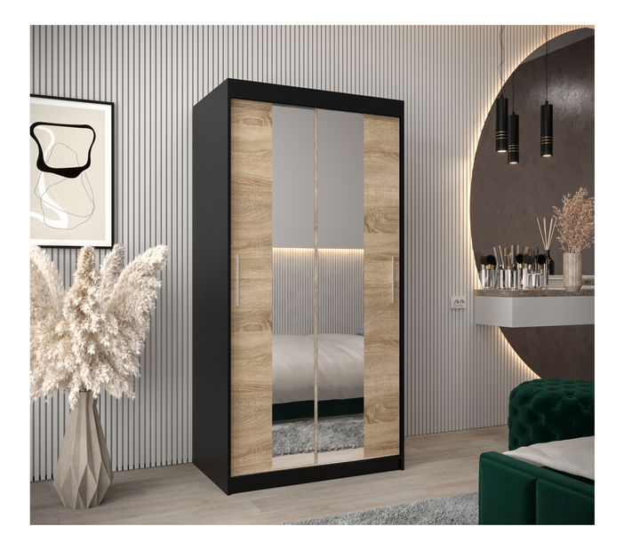 Šatní skříň 100 cm Toki 1 (Černá matná + Dub sonoma)