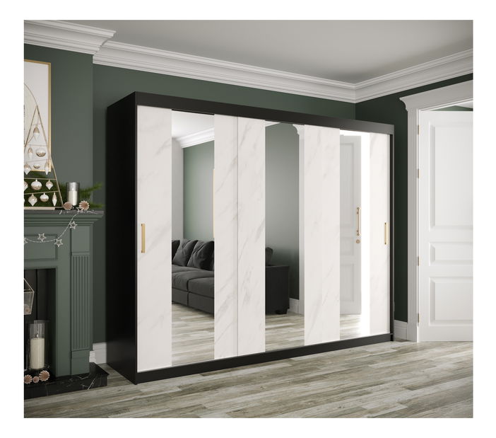 Šatní skříň 250 cm Marbelo P (matná černá + bílý mramor)