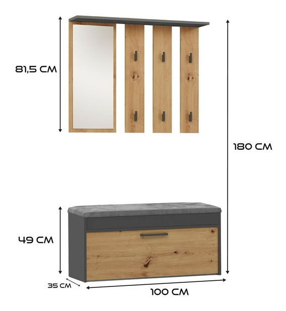 Předsíňová sestava Puntuable 1 (antracit + dub artisan) (se zrcadlem)