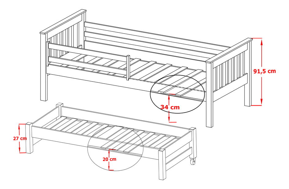 Dětská postel 90 cm TOYA (s roštem a úl. prostorem) (borovice)