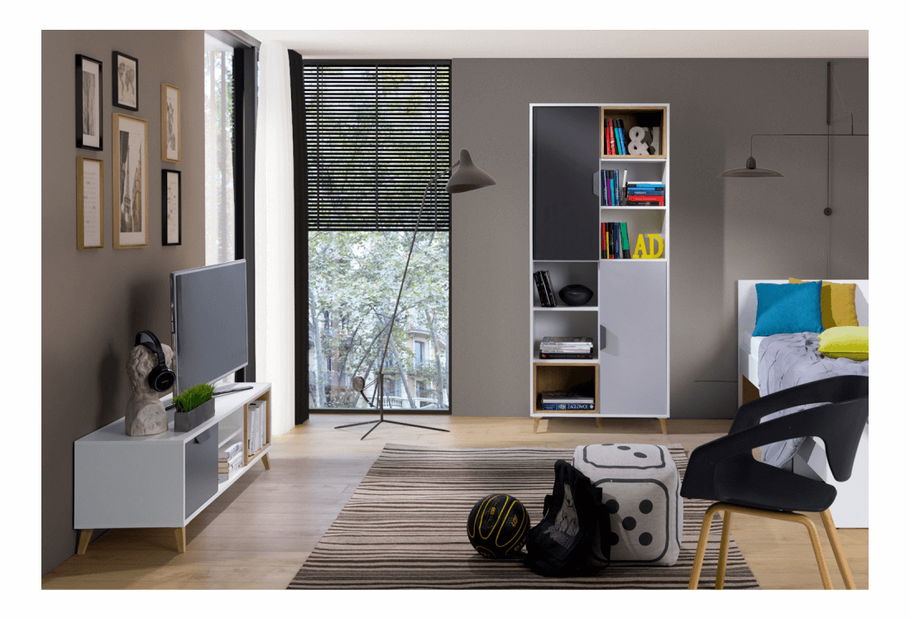 Regál typ 03 Sinny (bílá + grafit + dub lefkas)