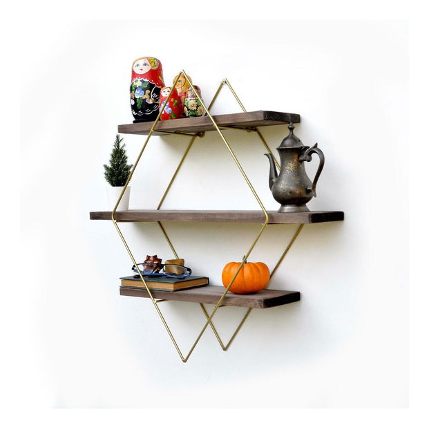  Dekorativní nástěnná police Duvelo 8 (ořech + zlatá)