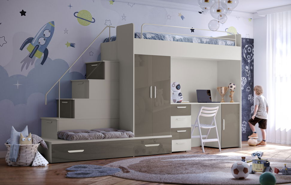 Dětská postel Ruby V (kašmír + lesk šedý) (s rošty)