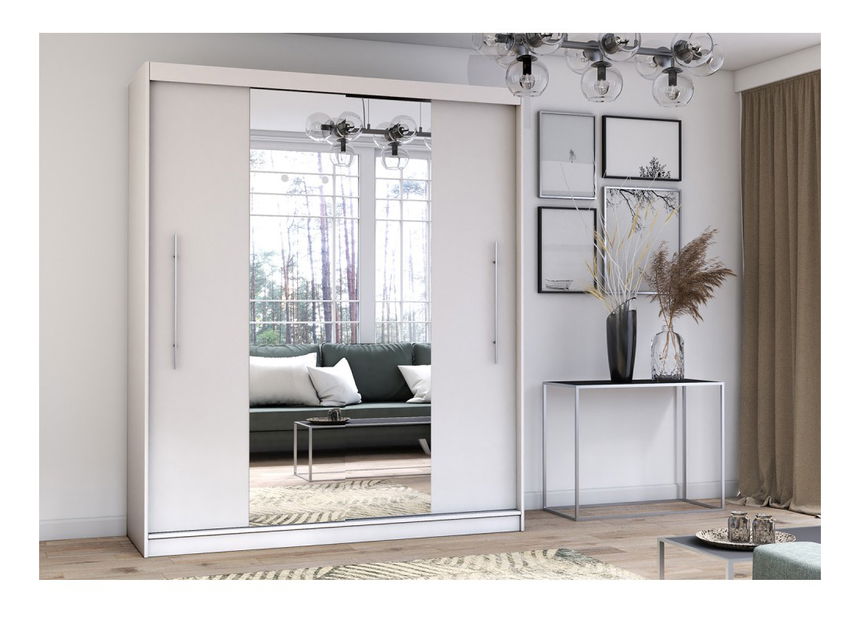 Šatní skříň Thovan (bílá + bílá + zrcadlo)
