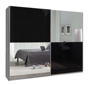 Šatní skříň s posuvnými dveřmi Liff 26 (lesk černý) (se zrcadlem)