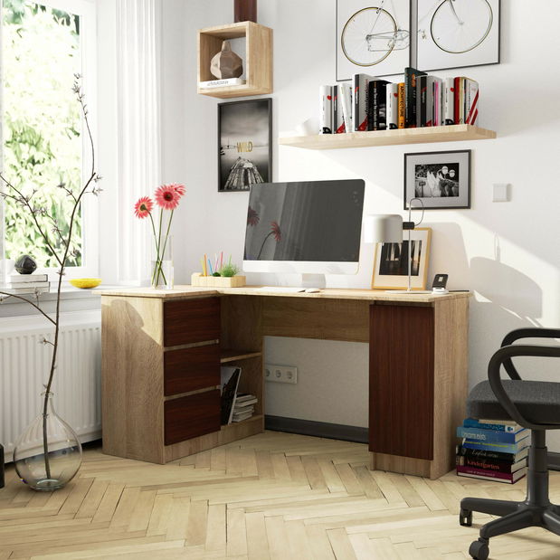 Rohový PC stolek Bevin (dub sonoma + wenge) (L)