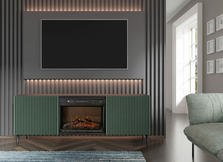 TV skříňka/stolek s elektrickým krbem FPB 2D 170 C Rowanna (černá + tmavě zelená)