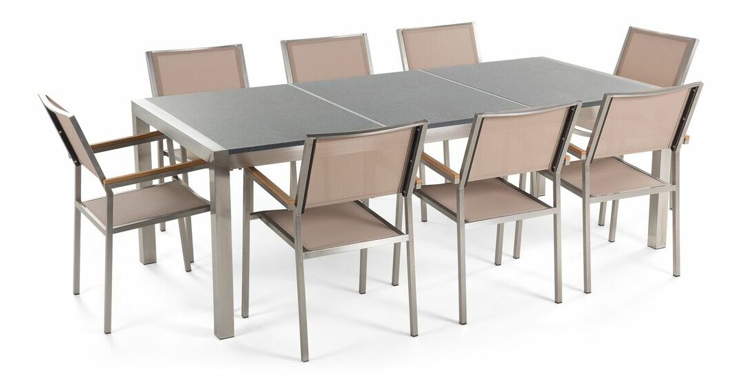 Zahradní jídelní sada Grosso (tmavě šedá) (béžové židle) (pro 8 osob) (žula)