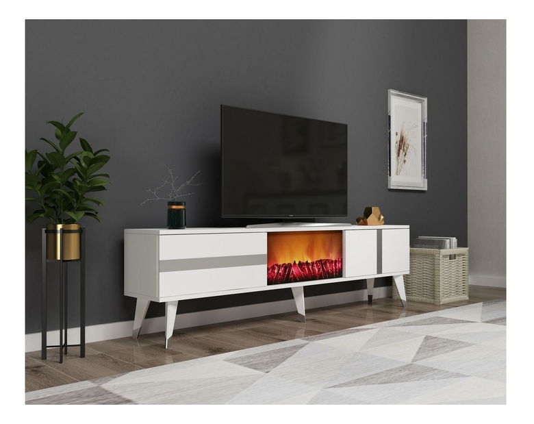 TV stolek/skříňka s krbem Vekika 3 (bílá + stříbrná)