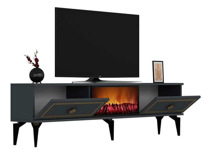 TV stolek/skříňka s krbem Kebive (antracit + zlatá)