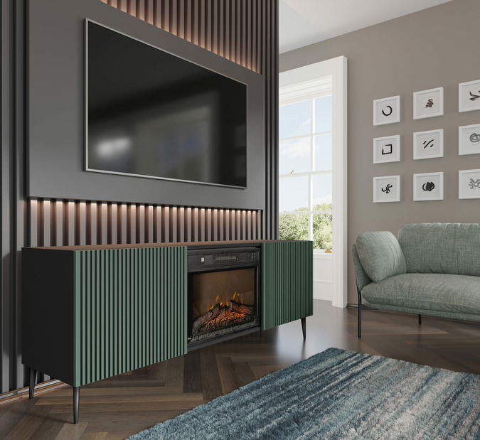 TV skříňka/stolek s elektrickým krbem FPB 2D 170 C Rowanna (černá + tmavě zelená)