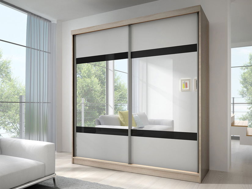 Šatní skříň Mebur 02 230 (dub sonoma + bílá + zrcadlo + černé sklo)