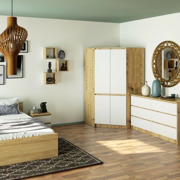 Rohová šatní skříň Sumergible (dub artisan + bílá)