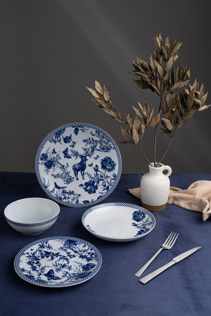 Jídelní souprava (24 ks.) Zaren (modrá + bílá)