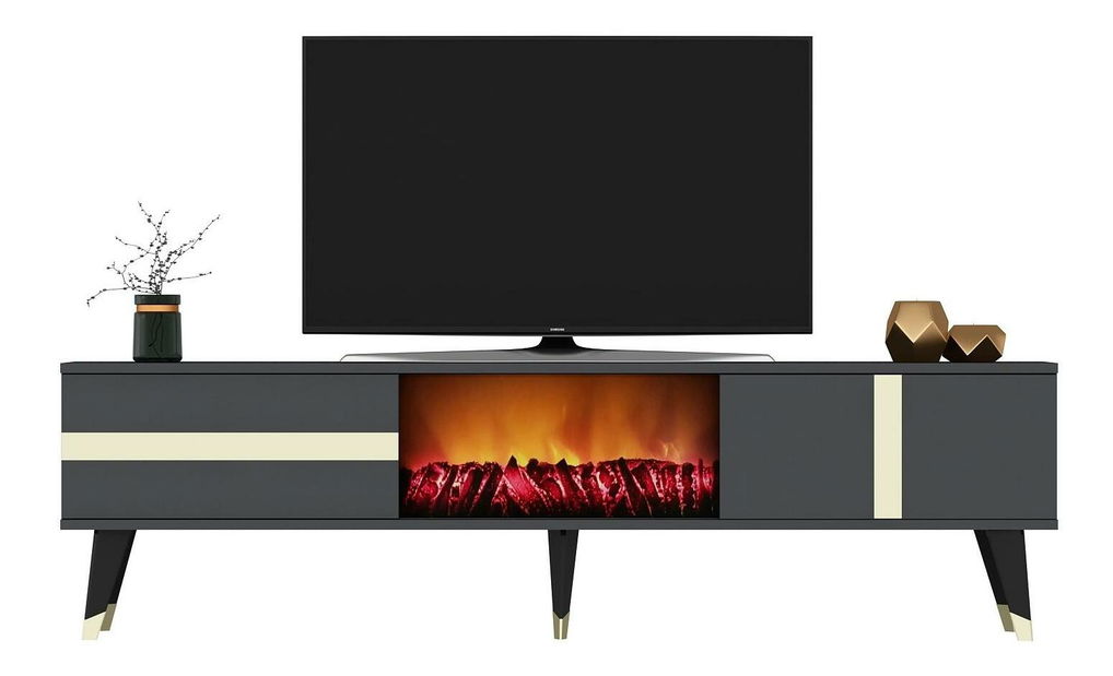 TV stolek/skříňka s krbem Vekika 3 (antracit + zlatá)