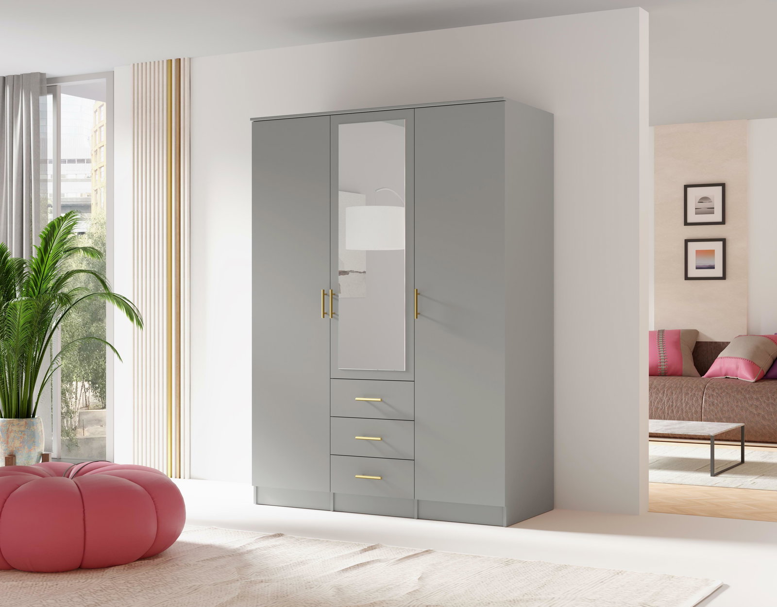 Šatní skříň Selforta 3D (šedá) (se zrcadlem)