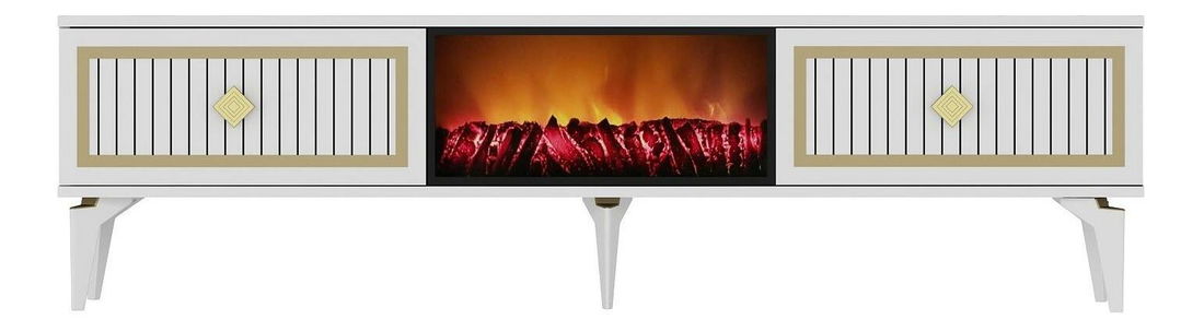 TV stolek/skříňka s krbem Kebive (bílá + zlatá)