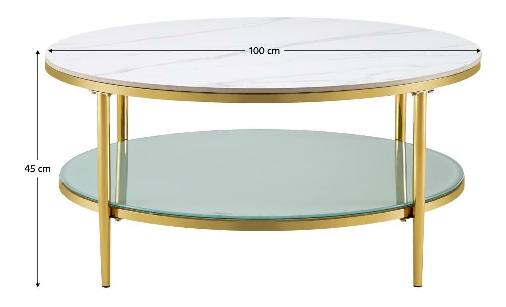 Konferenční stolek Eggerton (světlý mramor + mléčná + chrom-zlatý)