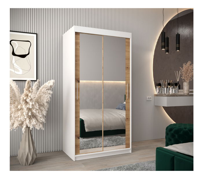 Šatní skříň 100 cm Toki 3 (Bílá matná + Dub artisan)