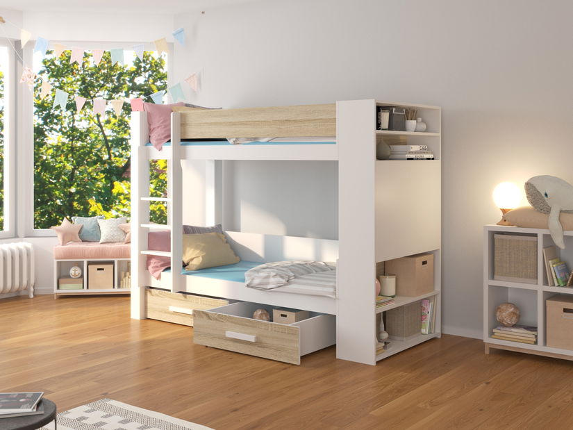 Patrová dětská postel 200x90 cm Gabriela (s roštem a matrací) (bílá + dub sonoma)