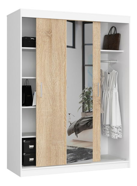 Šatní skříň Clotilde (bílá + dub sonoma) (se zrcadlem)