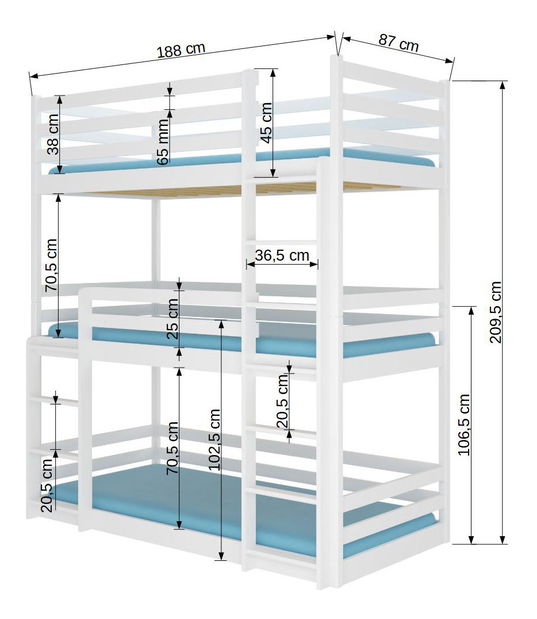 Patrová dětská postel 180x80 cm Teodor (s roštem a matrací) (bílá)