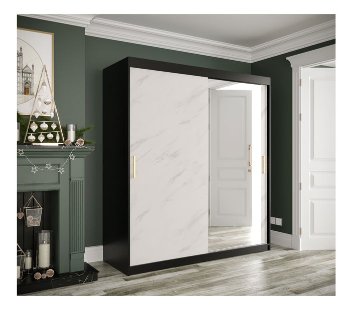 Šatní skříň 180 cm Marbelo T2 (matná černá + bílý mramor)