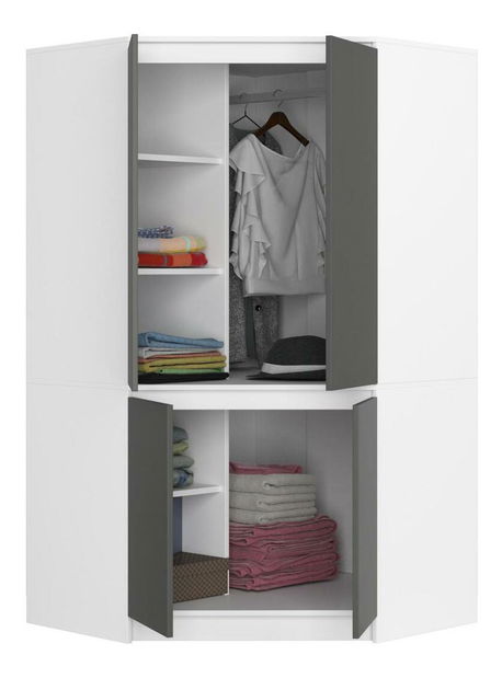 Rohová šatní skříň Sumergible (bílá + šedá)