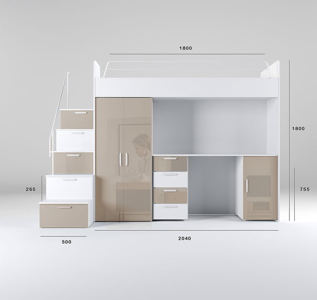 Dětská postel Ruby IV S (bílá + lesk béžový) (s rošty)