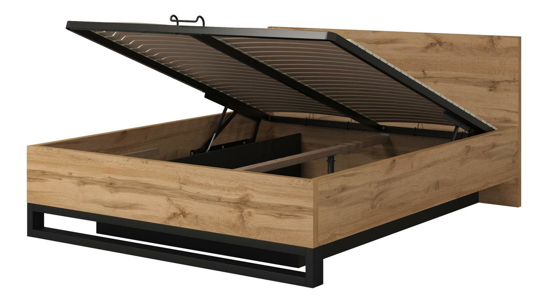Manželská postel Helles 160 (dub wotan + černá) (s roštem) (s úložným prostorem)