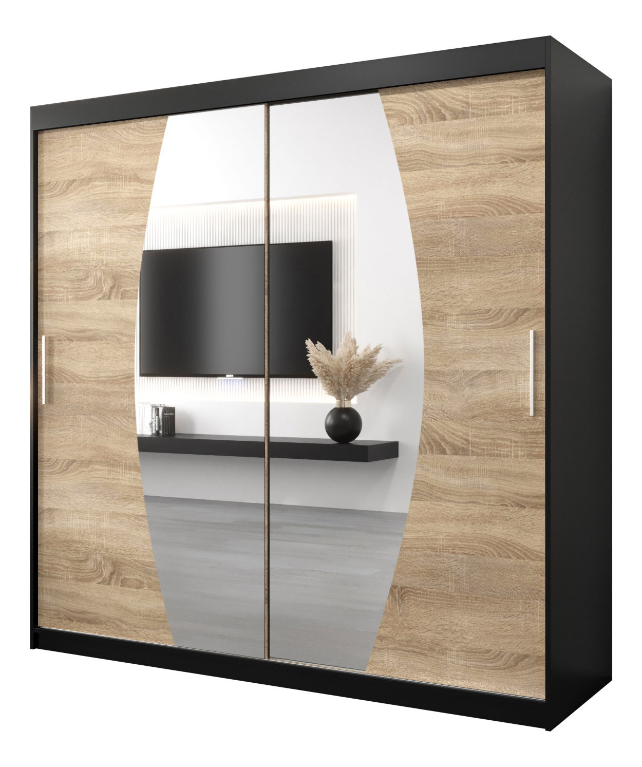 Šatní skříň 200 cm Eclipse (černá matná + dub sonoma)