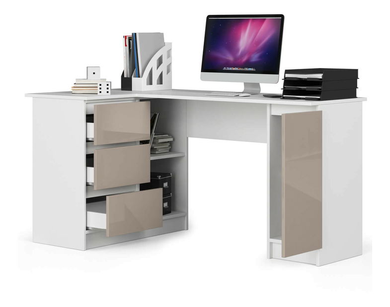 Rohový PC stolek Bevin (bílá + cappuccino lesk) (L)