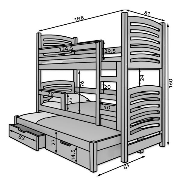 Patrová dětská postel 180x75 cm Karin (s roštem a matrací) (šedá)