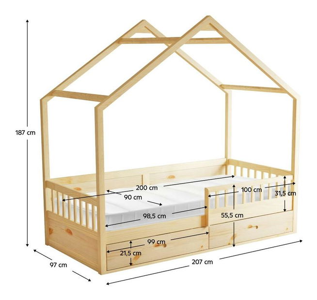 Dětská postel 90 cm Burgues (přírodní) (s roštem) (s úl. prostorem)